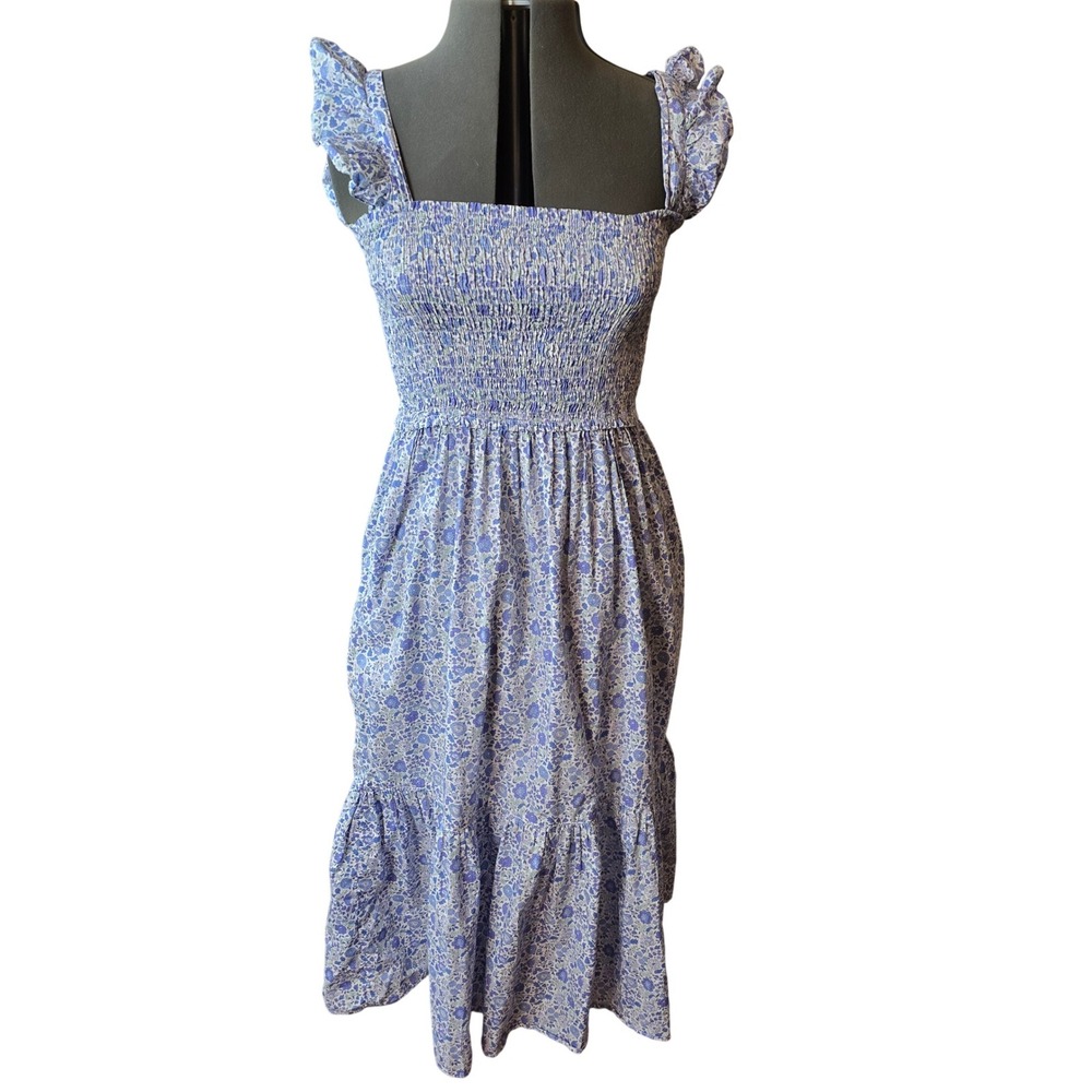 Pukatuka Blue Floral Smocked Midi Dress 100% Cotton Ruffle Sleeve Size Medium